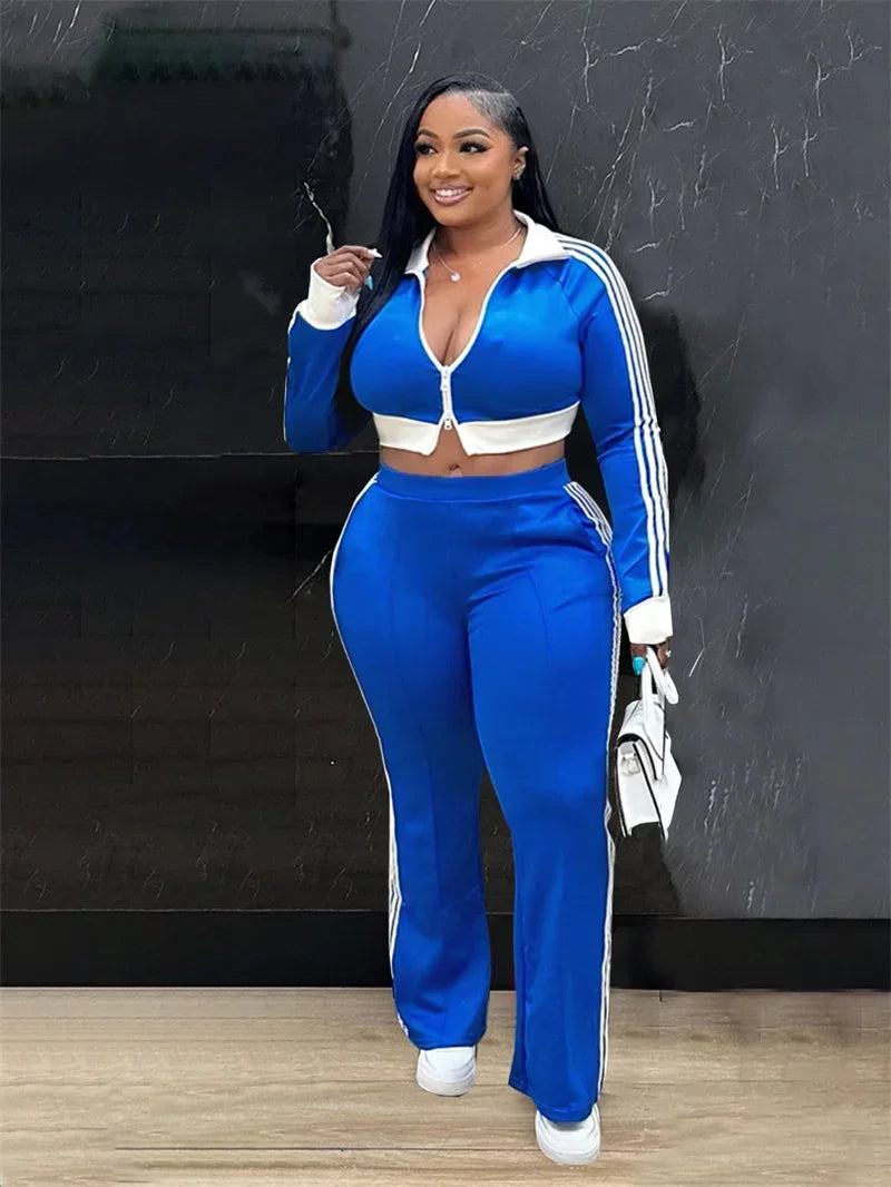 Doyerl Sporty Casual Tracksuit Women Two Piece Sets Striped Long Sleeve Zipper Cropped Jacket Top and Sweatpants Jogging Femme