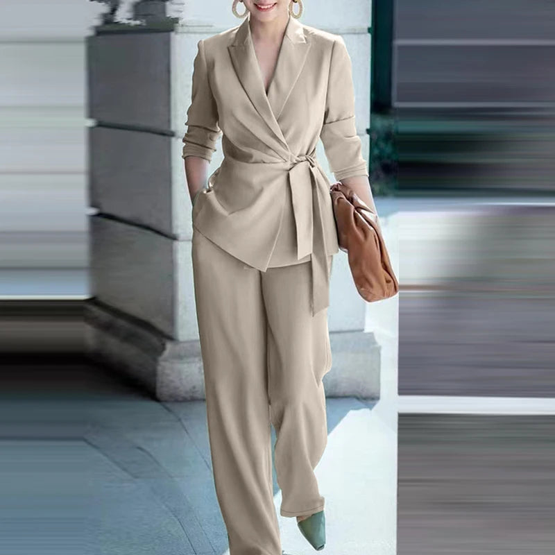 ZANZEA Elegant Office Lady Blazer Suits Women Classy Tied Waist Top and Pant 2pcs Outfit Streetwear Trend Commute Pant Sets 2025