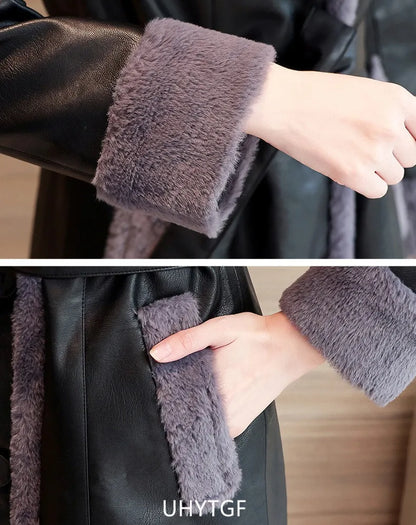 Winter Leather Jacket Women's Fashion Fur Collar Black Casual Warm Coat Female Quality PU Leather Overcoat Ladies