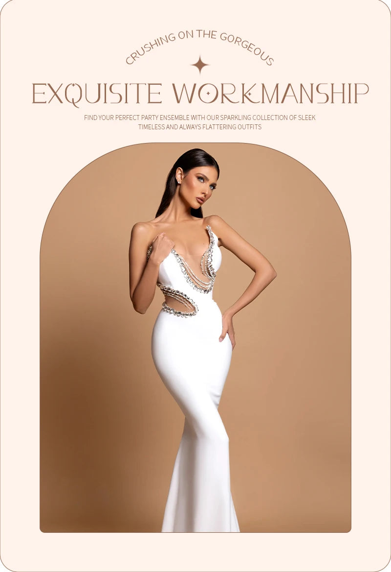 Women Mermaid Sexy White Sleeveless Bandage Long Dress Mesh Backless Strapless Diamonds Bodycon Party Evening Wedding Gowns