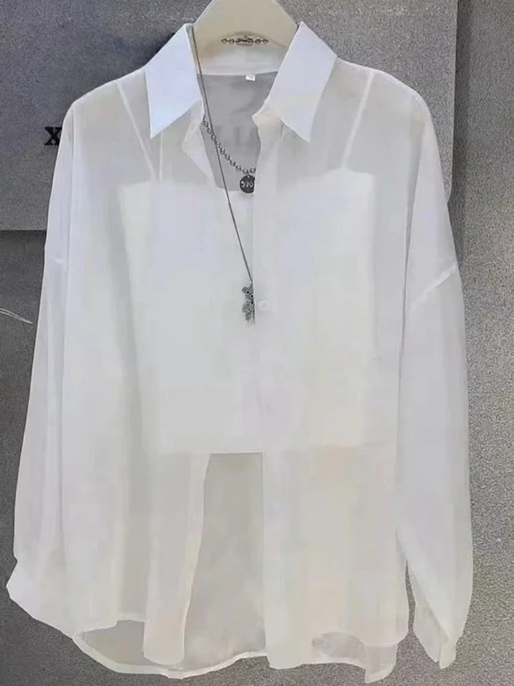 Plus Size Women’s Shirts 2025 Summer Breathable and Sun-Proof Ice Silk with Button Thin Loose Sheer Chiffon Blouses Long Sleeve