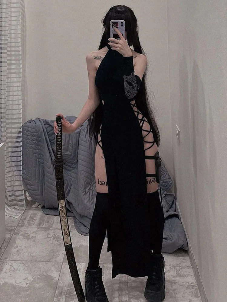 Goth Dark Cosplay High Split Sexy Bandage Women Dresses Y2K Mall Gothic Halter Slim Midi Dress Black Grunge Style Alt Partywear