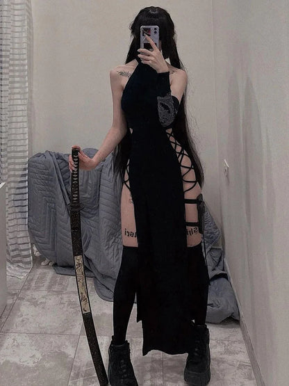Goth Dark Cosplay High Split Sexy Bandage Women Dresses Y2K Mall Gothic Halter Slim Midi Dress Black Grunge Style Alt Partywear
