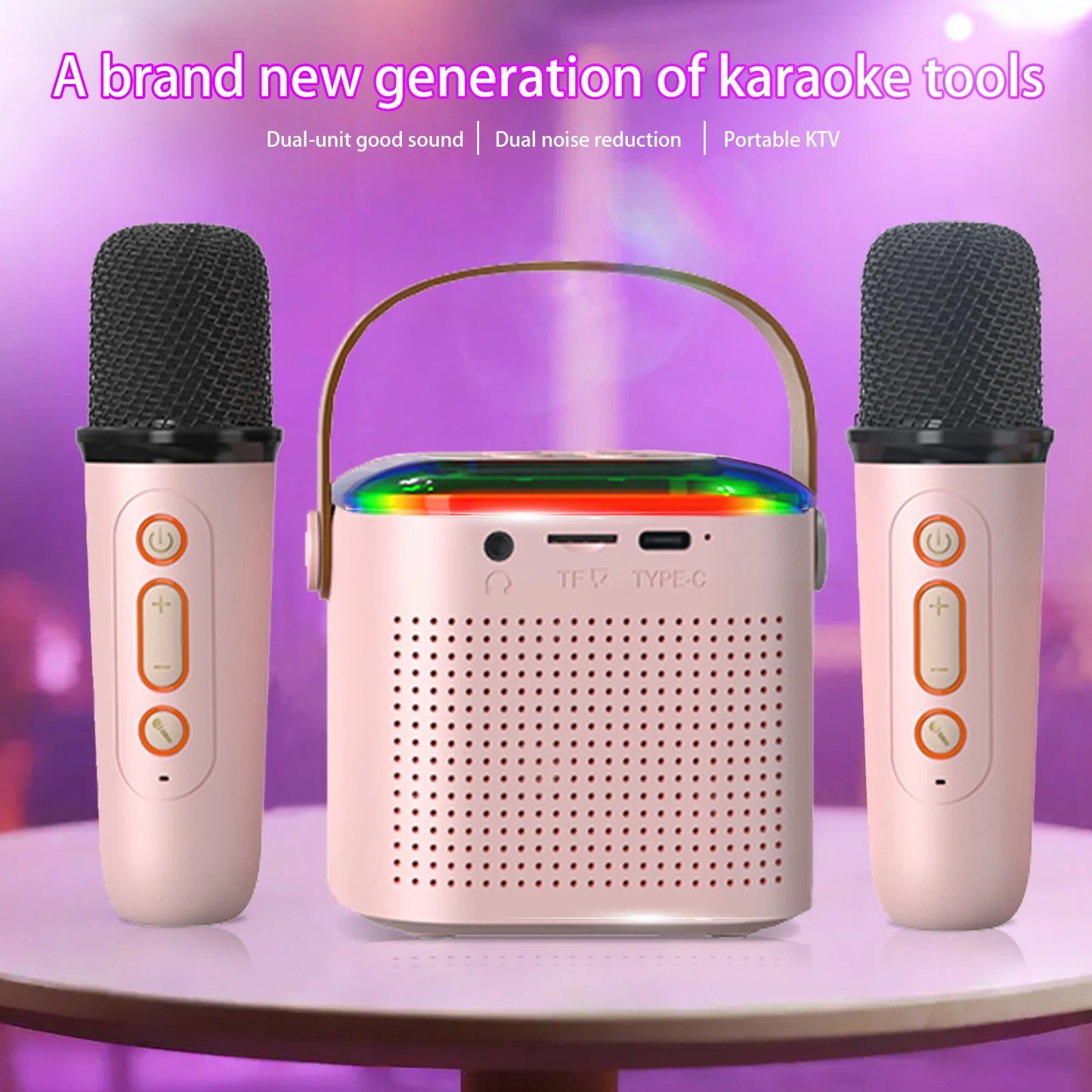 2 Microphones, Variable Pitch Bluetooth Karaoke Machine with PA Speaker System 2 Wireless Microphones Family Singing