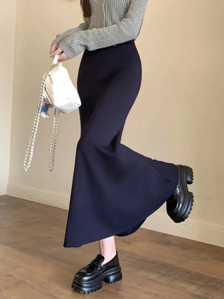 Solid Vintage Temperament Package Hip Skirts Elastic High Waist Simple Spring Autumn 2026 Fish Tail Skirt Casual Slim Long Skirt