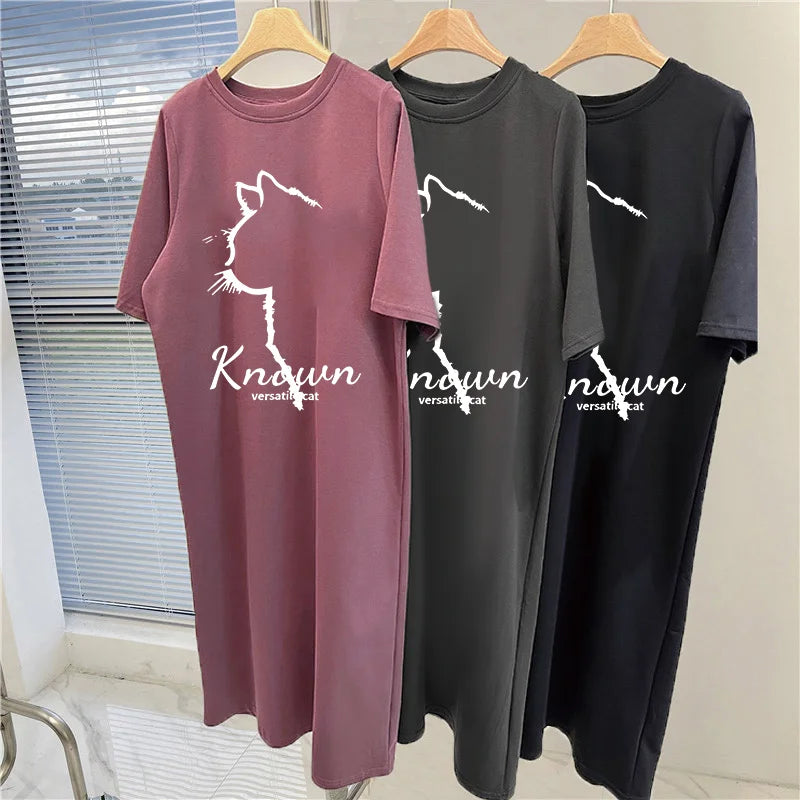 Summer New Loose Dress Women Casual Fashion Cartoon Simple Cat Print Round Neck Short-sleeved Dress
