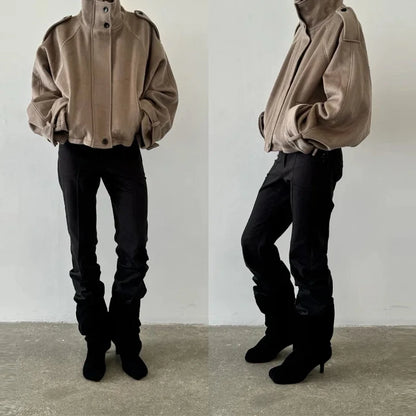 Casual Solid Loose Jackets Women Fashion Full Sleeve Single Breasted Stand Collar Short Coats Female 2025 Autumn Lady Outwears