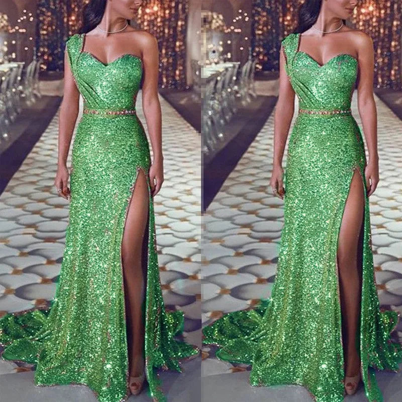2025 Women's Wedding Party Dress Evening Elegant Sexy Deep V Neck One Shoulder Sleeveless Sequined Long Maxi Dresses For Women