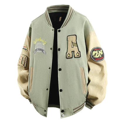 Hip Hop Men's Suede Embroidered Varsity Jacket Color Block Letter Graphic Long Sleeve Baseball Jacket Bomber Coat