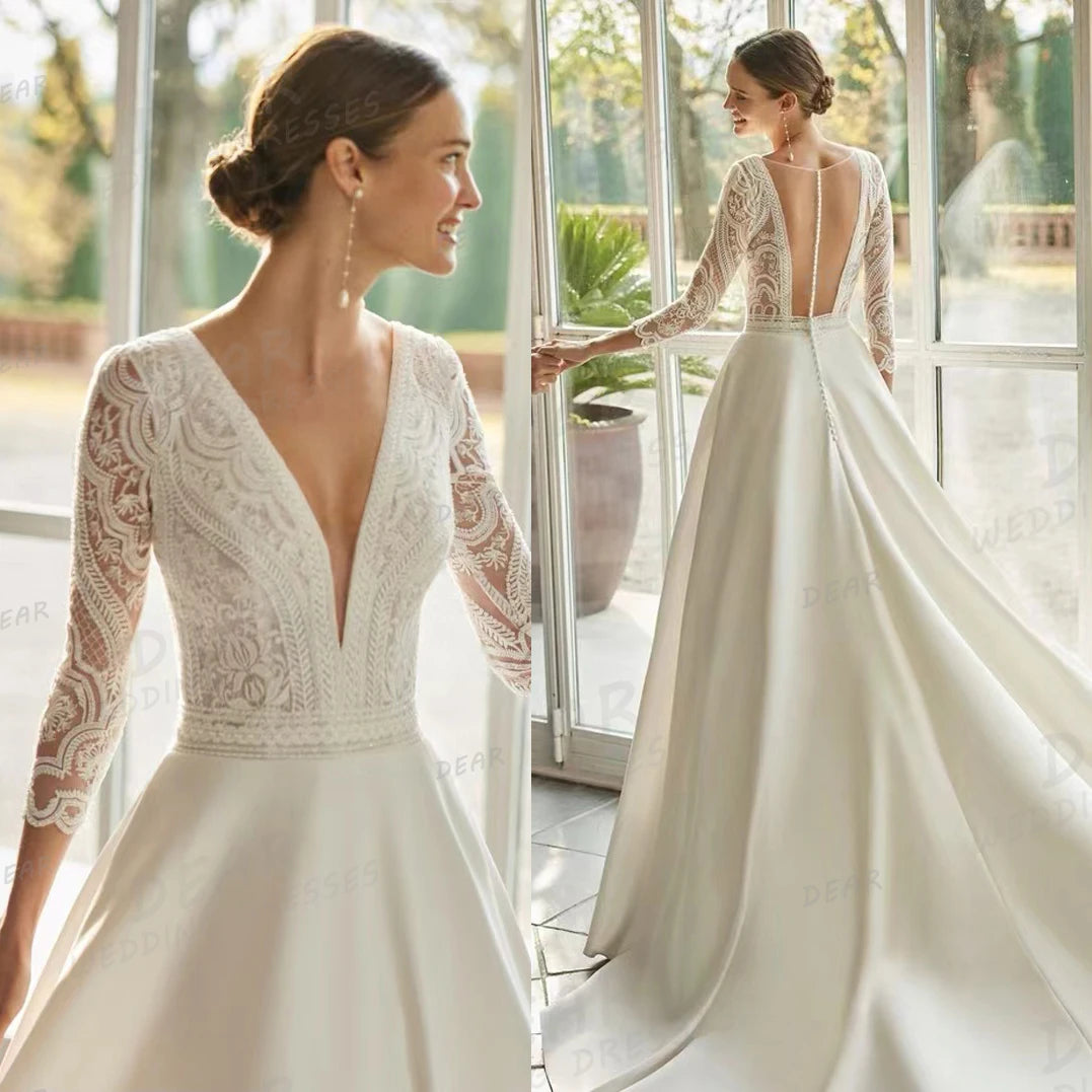 Elegant Wedding Dresses Women's Sexy V Neck Long Sleeve Backless Bridal Gowns Sweep Train Formal Vestidos De Novia Customized