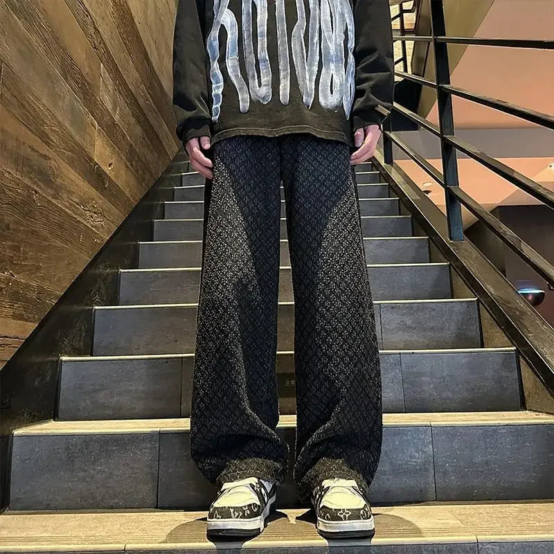 Trendy Brand Hiphop Slimming Straight-leg Jeans Jacquard Full Print European American High Street Style For Men