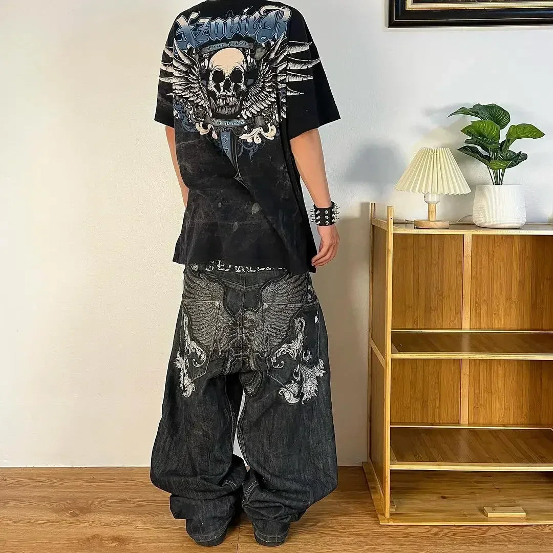 Y2K Best Selling Explosions Men and Women With Retro Embroidery Baggy Jeans Harajuku Rock Hip-Hop Casual Joker Wide Trousers