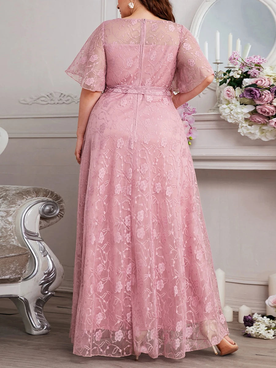 Women's Plus Size Dress Round Neck Short Sleeves Oversized  A-Line Tulle Pink High Waist Floral Lace Formal Evening Dresses