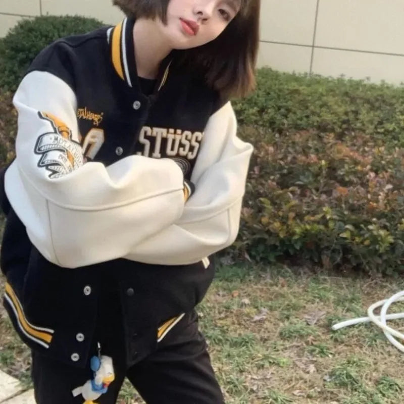 New Fashion Letter Pattern Flocking Embroidery Casual Jacket Women Y2K College Hip Hop Popular Couple Sport Baseball Uniform Top