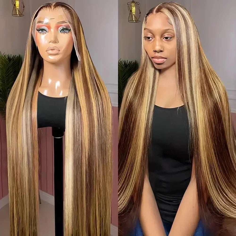 46 Inch Brazilian Hair P4/27 Straight 100% Human Hair Wig Honey Blonde 200% Density Remy Hair 13x6 HD Transparent Lace Front Wig