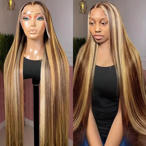 46 Inch Brazilian Hair P4/27 Straight 100% Human Hair Wig Honey Blonde 200% Density Remy Hair 13x6 HD Transparent Lace Front Wig