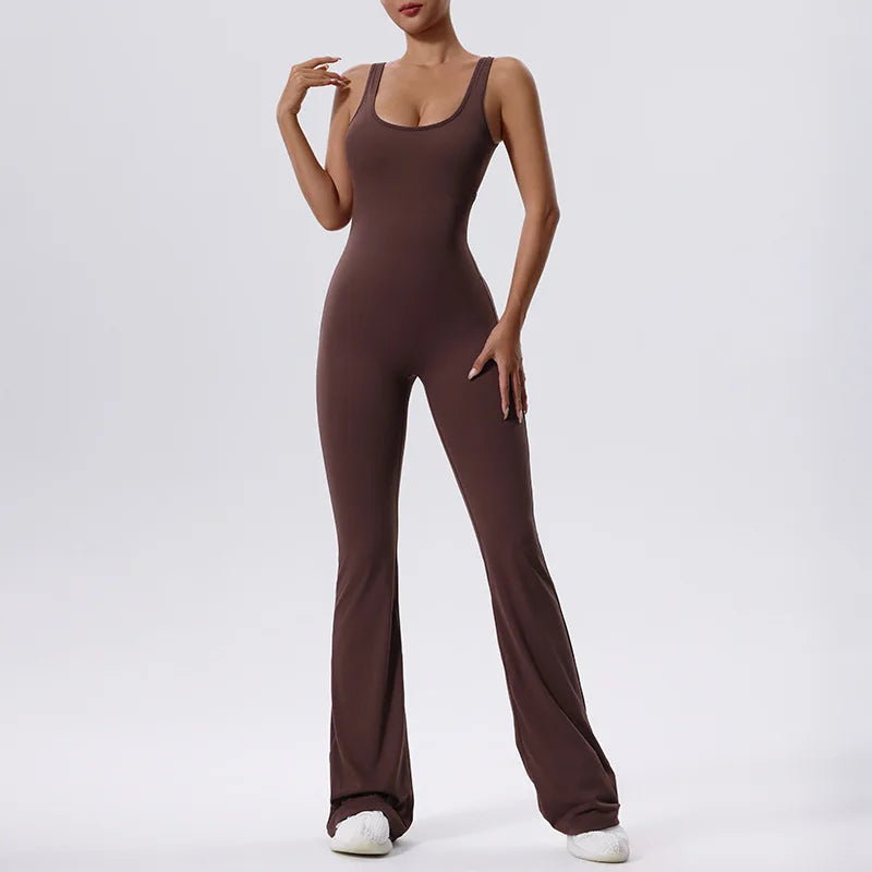 V Back Scrunch Gym Set Women Sport One-Piece Suit Yoga Suit Flared Pants Women Sports Jumpsuit Fitness Rompers Workout Bodysuits