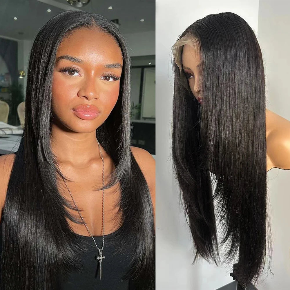 RONGDUOYI Pink Hair Layered Haircut Straight Lace Front Wigs Natural Hair Long Straight Cosplay Heat Fiber Synthetic Wig Purple