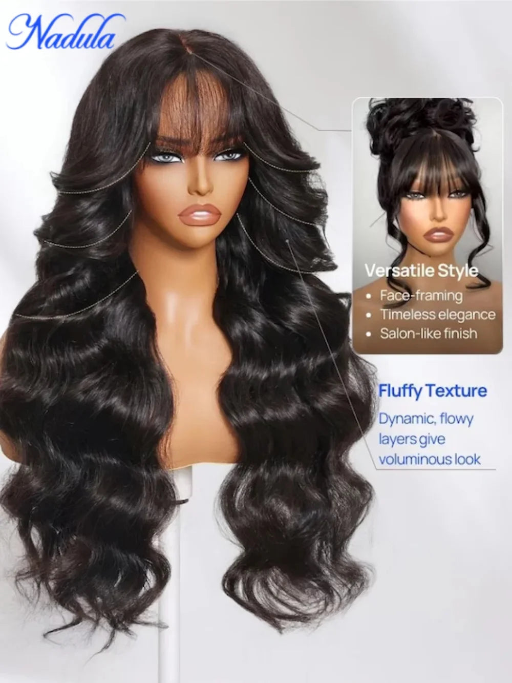 Nadula Hair 3D Body Wave Bangs Drawstring Glueless Human Hair Wig 7x5 Bye Bye Knots Glueless Wig Human Hair Ready to Wear 180%