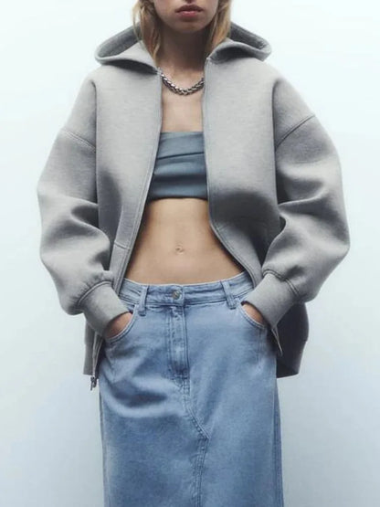 Women's Versatile Hooded Zip Long Sleeve Loose Jacket Fashion Oversized Casual Top Sweatshirt Street Basic Sports Wear