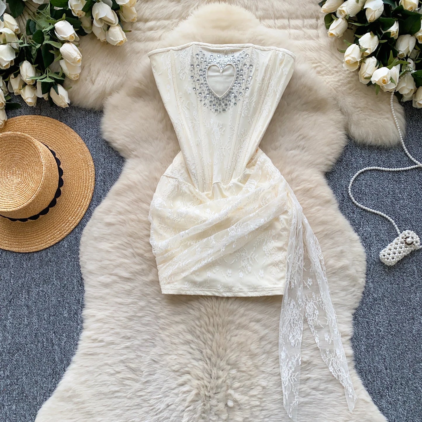 SINGREINY French Strapless Sexy Short Dress 2025 Heart Hollow Out Beading Sundress Backless Corset Lace Beach Mini Dress