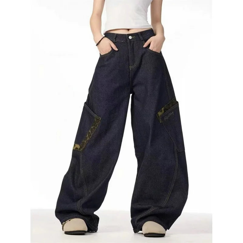 Retro Leopard Handle Joint Quge Denim New Design Sense Straight Wide Pants