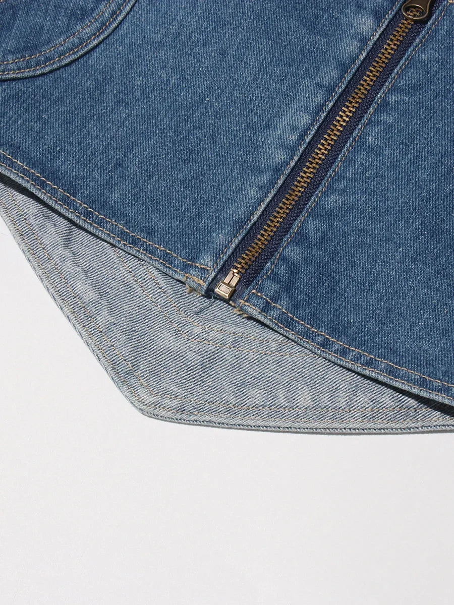 TWOTWINSTYLE Soild Two Piece Sets for Women Straplelss Sleeveless Vest High Wiast Patchwork Hollow Out Jeans Elegant Set Female