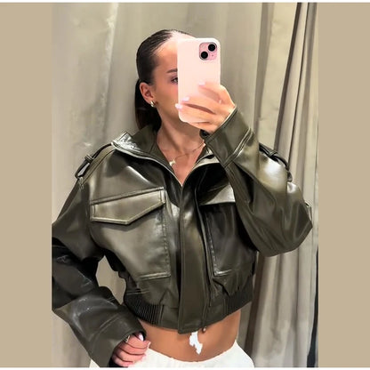 Vintage Zippers Short Leather Jackets Women's Casual Lapel Button Pockets Full Sleeve Coat 2025 Autumn New Lady Chic Streetwear