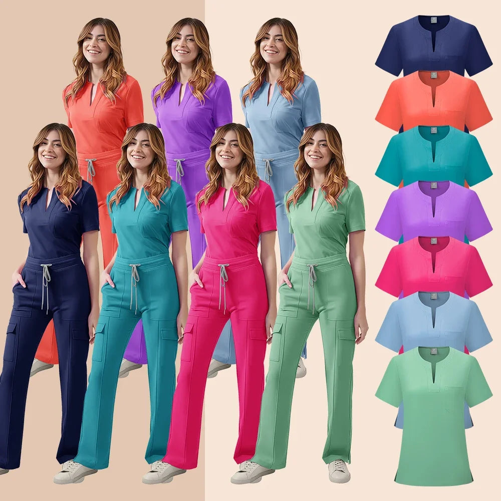 Medical Scrubs Uniform Women Nurse Scrub Set Pocket Top+Pants 2 Piece Suit Nursing Operating Room Clothes Beauty Salon Work Wear