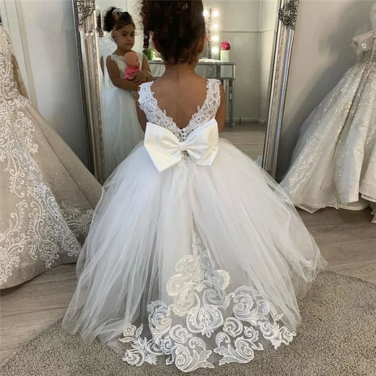 White Bridesmaid Dresses For Girls Princesss Flower Girl Dress Big Bow Lace First Communion Gown Kids Wedding Party | STEPHANIE