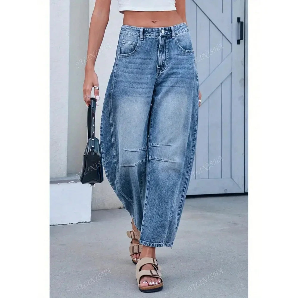 Summer New Style Women's Loose Straight Leg Jeans Draping Washed Wide Leg Long Trousers High Waist Denim Pants