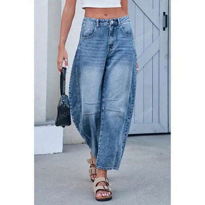 Summer New Style Women's Loose Straight Leg Jeans Draping Washed Wide Leg Long Trousers High Waist Denim Pants
