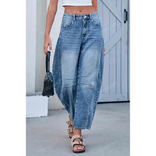 Summer New Style Women's Loose Straight Leg Jeans Draping Washed Wide Leg Long Trousers High Waist Denim Pants