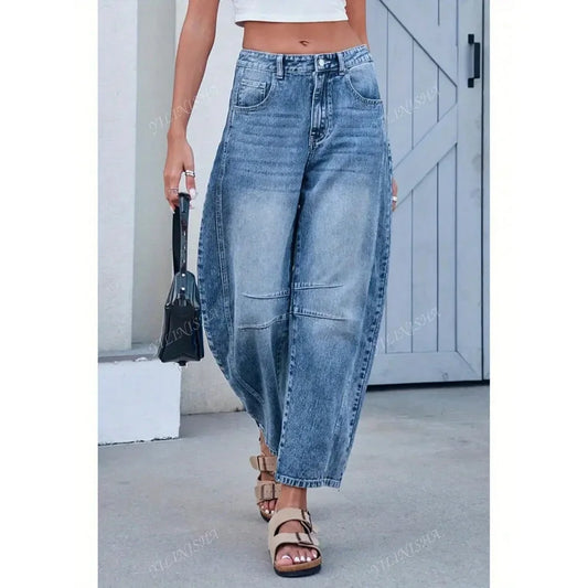 Summer New Style Women's Loose Straight Leg Jeans Draping Washed Wide Leg Long Trousers High Waist Denim Pants