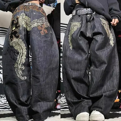 Y2K Best Selling Explosions Men and Women With Retro Embroidery Baggy Jeans Harajuku Rock Hip-Hop Casual Joker Wide Trousers