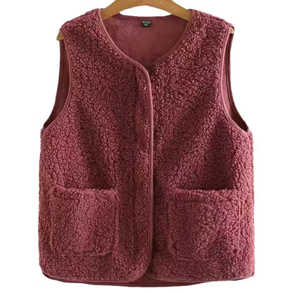 Fashionable Integrated Women's Vest Double Layer Flocking Vest Autumn/Winter Style Jacket Crew Neck Design For All Seasons