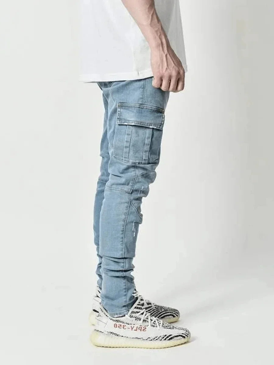 Men Street Elastic Denim Jeans Wash Solid Color Multi Pockets Cargo Pants Casual Slim Fit Daily Wear Joggers Mid Waist Trousers
