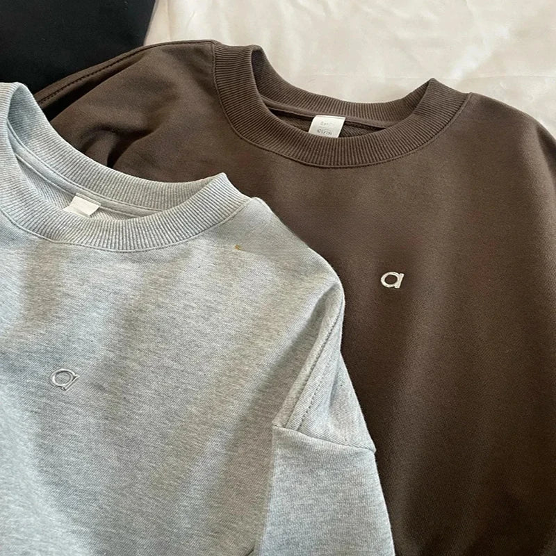 Autumn Women's Sweatshirts Casual New Loose Long-sleeved Pullovers Women Solid Color Black Sports Crew-neck Hoodies Gym Tops