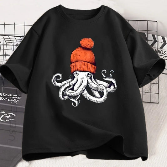 Octopus Orange Baseball Cap Cotton T-shirt - Japanese Style Pattern T-shirt - Casual Cotton Short-sleeved Round-neck T-shirt