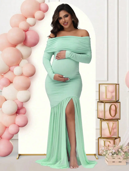 Maternity Dresses Photoshoot Off-Shoulder Slits Fishtail Hem Baby Shower Clothes For Pregnant Woman Evening Party Elegant Gown