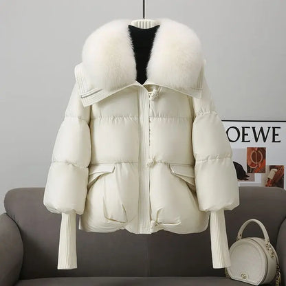 2025 Down Cotton Short Padded Jacket Women Parkas Fur Collar Autumn Winter Thick Coats Female Black Casual Outerwear Clothes