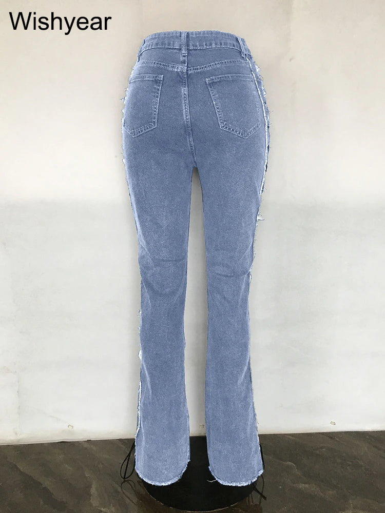 Women's Slim Fit Ripped Denim Jeans High Stretch Blue Pants Eyelet Lace Detail Streetwear Cowboy Style Y2K Flattering Bottoms