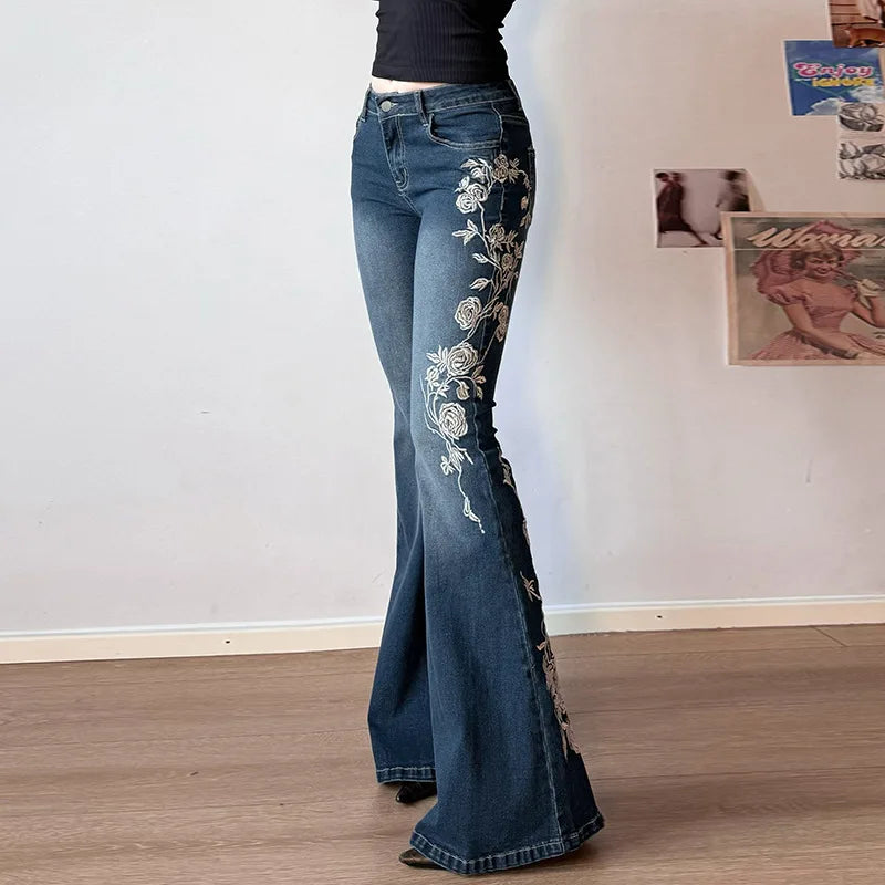 Flare Pants Jeans Women Embroidery Boot Cut Low Waist Washed Distressed Pockets Floor Length Streetwear 2025 Denim Trousers