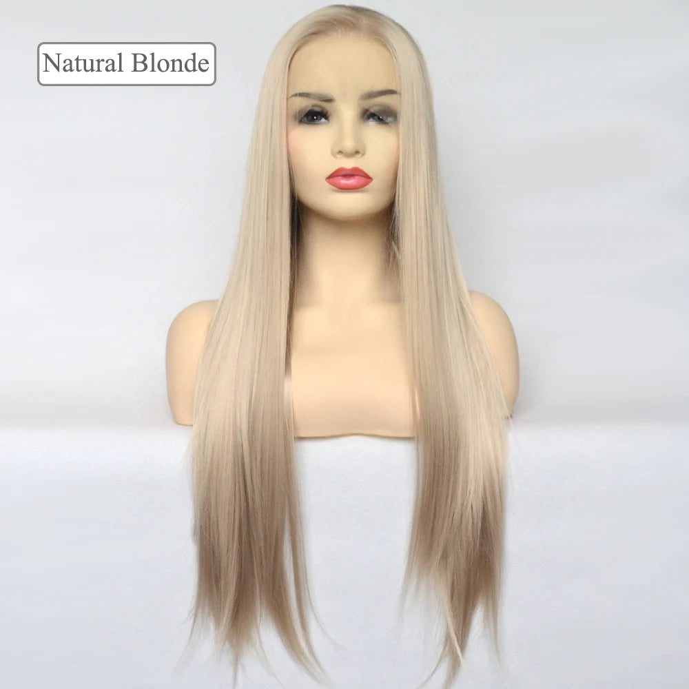 Voguequeen Platinum Blonde Synthetic Lace Front Wigs Silky Straight Heat Resistant Fiber Daily Wear For Women