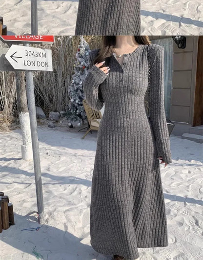 French Style Long Sleeve Knitted Dress Vintage Waist Cinching A- Line Skirt Women Autumn Winter New Arrival Slimming Inner Wear