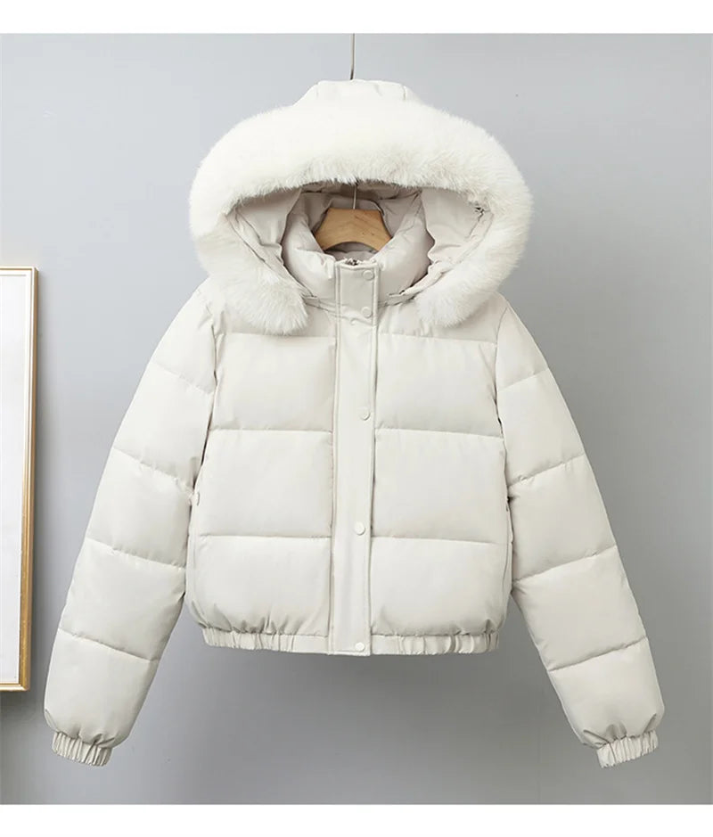 Winter Short Parkas Women's Cotton-padded Clothes Add Velvet Thicken Outerwear Fur Collar Removable Hooded Coats Warm Jackets