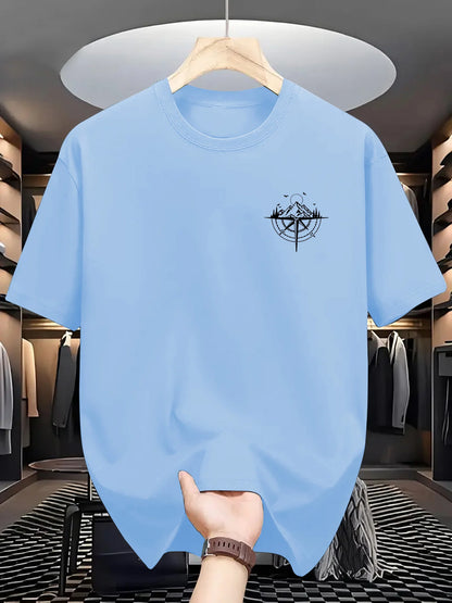Summer Men's 100% Cotton Mountain Compass Graphic Printed Casual Loose Sports Comfortable Round Neck Short Sleeve T-shirt Top