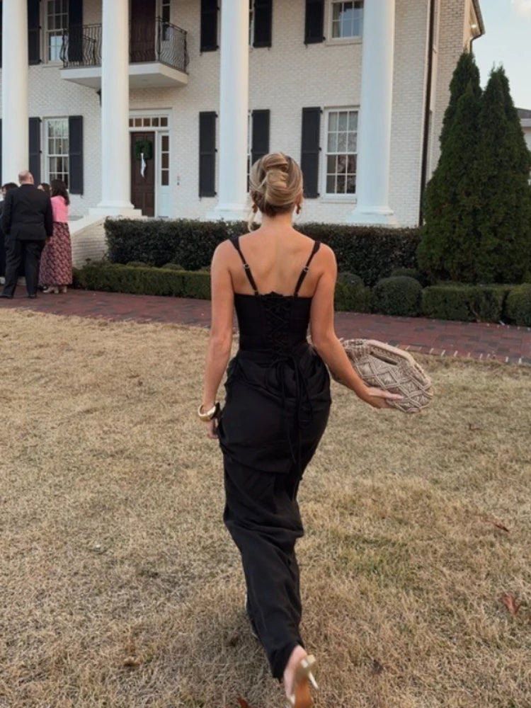 Mingmingxi New Year Sexy Corset Maxi Dress Back Lace Up Women’s Evening Festive Dress Long Black Ball Gown Elegant Prom Dress