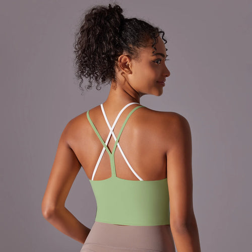 New Women Fitness Sports Bra Top Gym Yoga triangle backless Athletic Back Cutout Cross Tight Workout Soft With Chest Pad