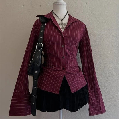 Gothic Punk Grunge Y2K Women's Blouse Sexy Slim Chic Casual Lapel Striped Long Sleeve Shirt Vintage Aesthetics Hottie Streetwear